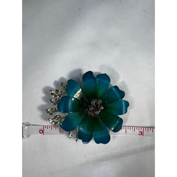 Vintage Coro Flower Brooch Teal Blue Enamel Rhinestone Leaves MCM Ornate RARE - Picture 10 of 16